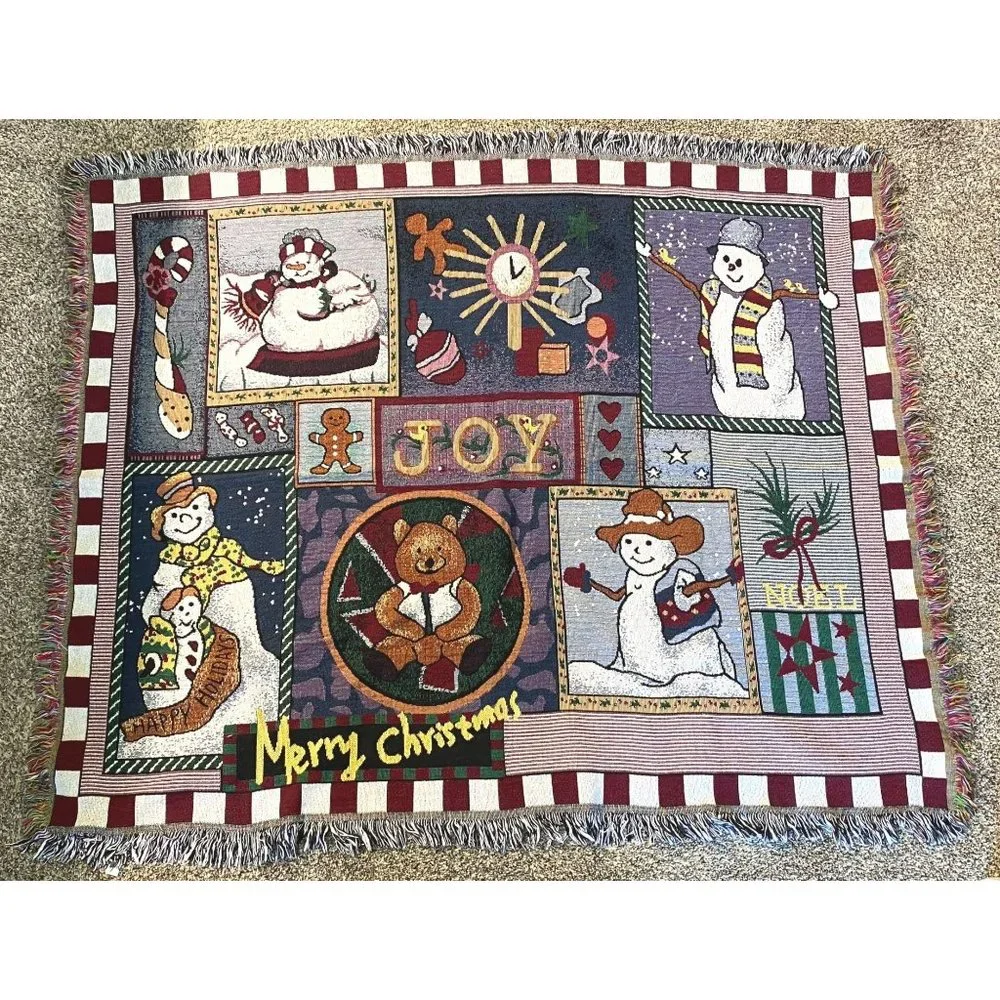 Merry Christmas Snowman Throw Blanket Fringe 46